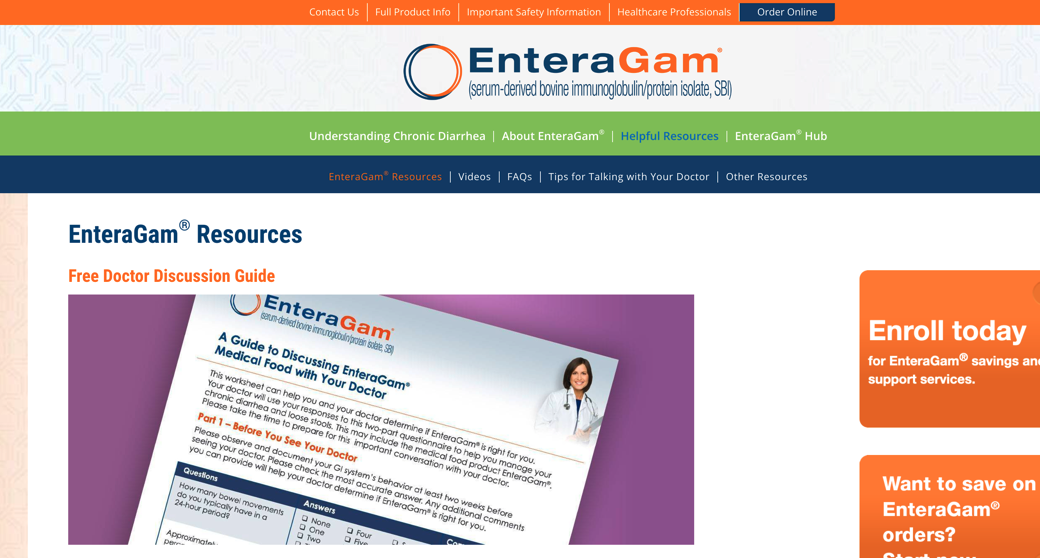 Screenshot of enteragam patient resources on the enteragam website
